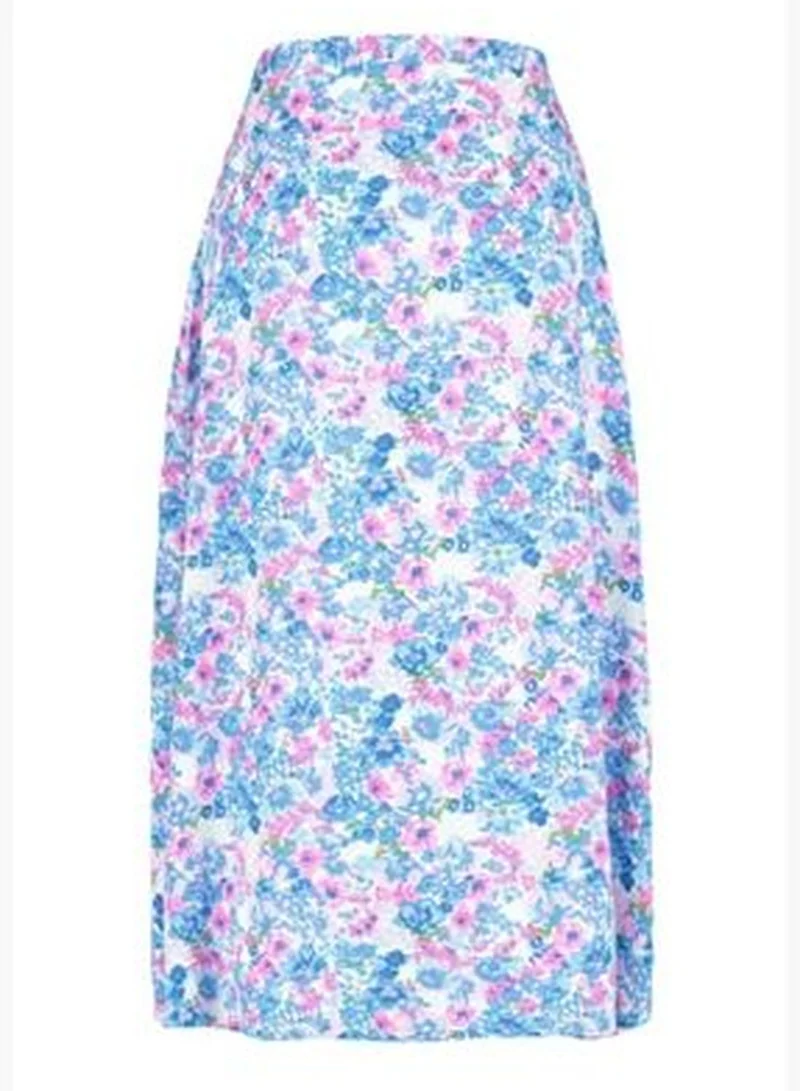 trendyol Indigo-Ecru Midi Skirt with Floral Pattern and Viscose Fabric with a Slit Detailed Detail TWOSS20ET0230