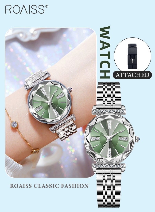 roaiss Women's Stainless Steel Strap Quartz Watch, Analog Display Round Green Dial with Rhinestones Decoration, Waterproof Luxurious Wristwatch as Gift for Ladies - Image 1