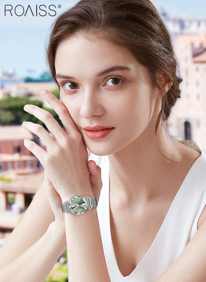 roaiss Women's Stainless Steel Strap Quartz Watch, Analog Display Round Green Dial with Rhinestones Decoration, Waterproof Luxurious Wristwatch as Gift for Ladies - Image 2