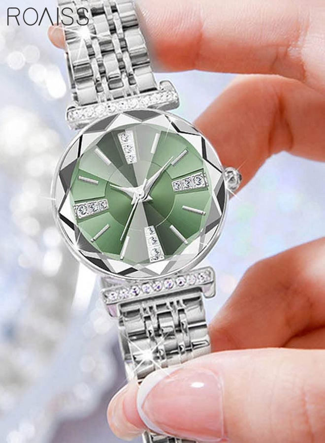 roaiss Women's Stainless Steel Strap Quartz Watch, Analog Display Round Green Dial with Rhinestones Decoration, Waterproof Luxurious Wristwatch as Gift for Ladies - Image 3