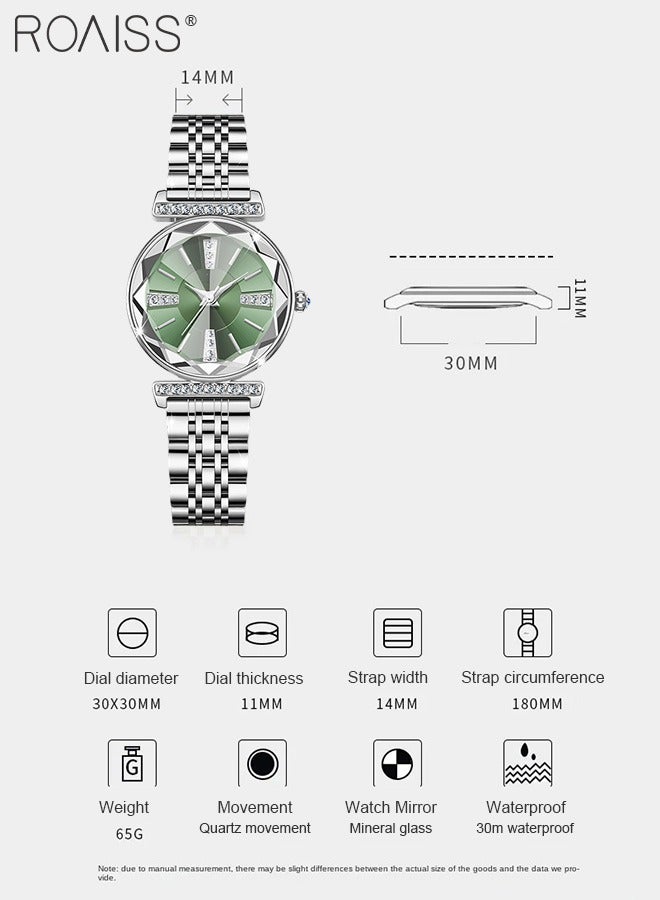 roaiss Women's Stainless Steel Strap Quartz Watch, Analog Display Round Green Dial with Rhinestones Decoration, Waterproof Luxurious Wristwatch as Gift for Ladies - Image 4