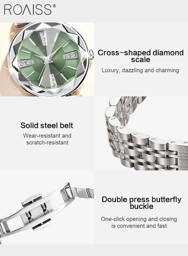 roaiss Women's Stainless Steel Strap Quartz Watch, Analog Display Round Green Dial with Rhinestones Decoration, Waterproof Luxurious Wristwatch as Gift for Ladies - Image 5