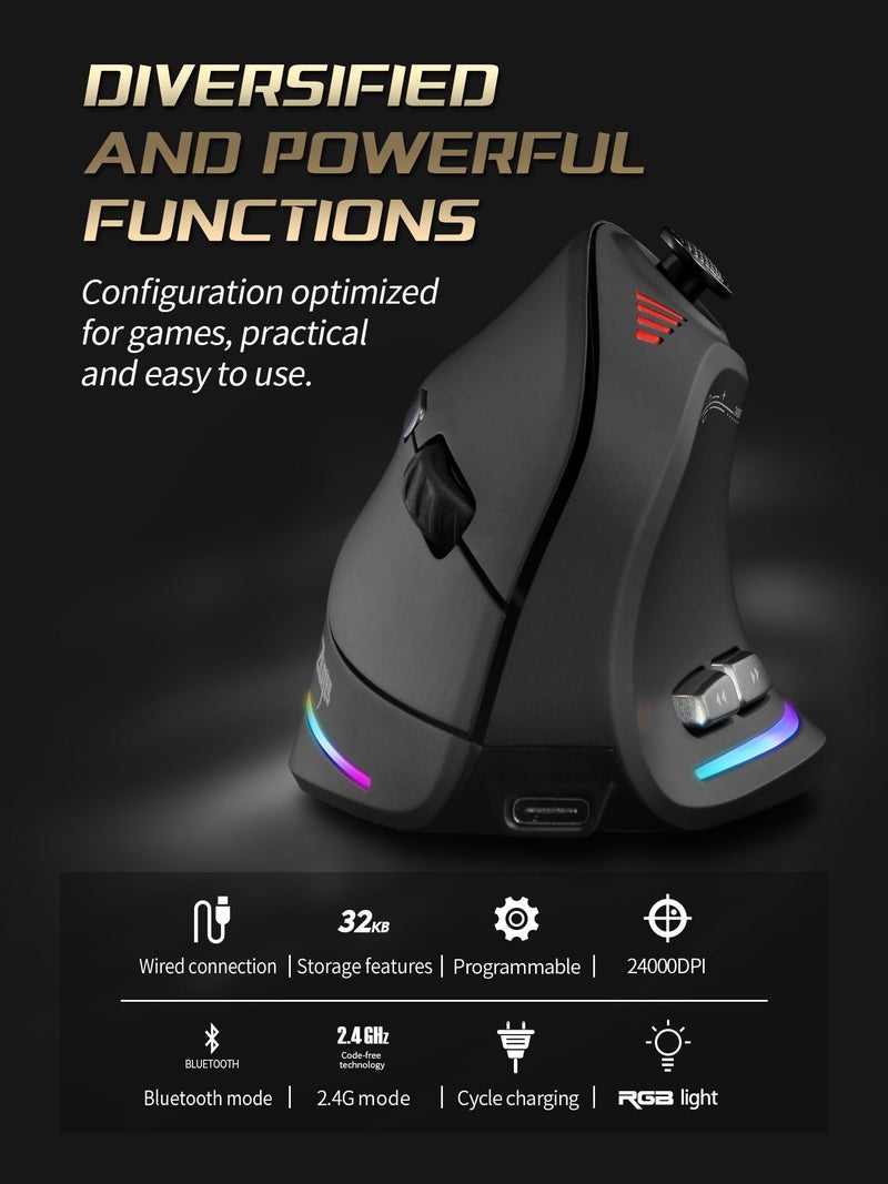 TKMARS Wireless Ergonomic Vertical Gaming Mouse with Joystick, Bluetooth & 2.4G, 12 Programmable Buttons, Adjustable 24000 DPI, Rechargeable RGB Computer Mouse for PC, MacBook & Laptops - Image 2