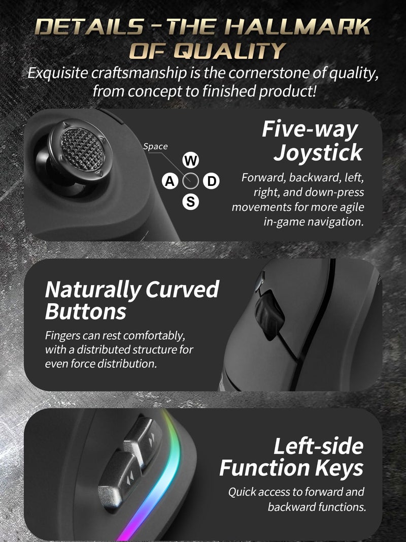 TKMARS Wireless Ergonomic Vertical Gaming Mouse with Joystick, Bluetooth & 2.4G, 12 Programmable Buttons, Adjustable 24000 DPI, Rechargeable RGB Computer Mouse for PC, MacBook & Laptops - Image 4
