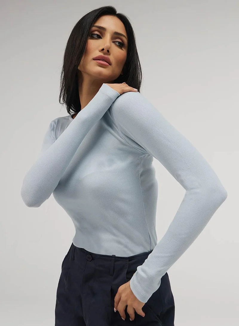 Zigzag Rib Long Sleeve Top - Pale Blue