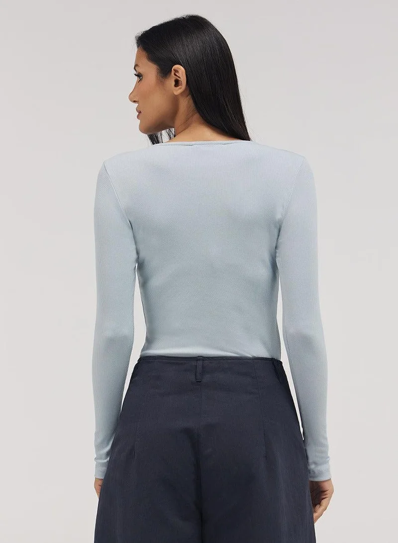 Zigzag  Rib Long Sleeve Top - Pale Blue for Women | Best Price UAE