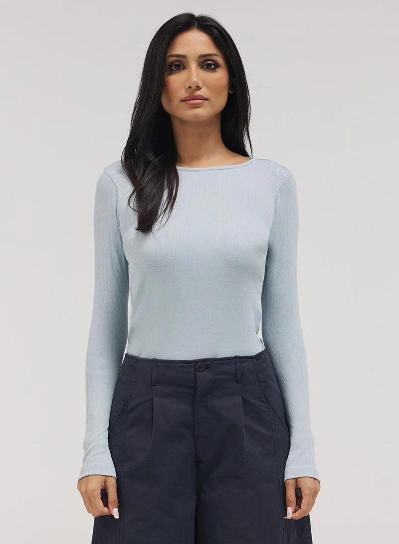 Zigzag Rib Long Sleeve Top - Pale Blue