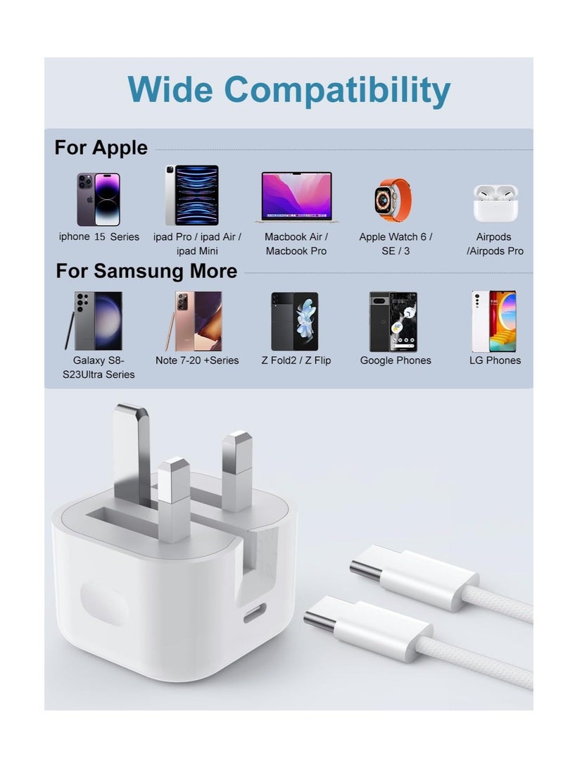 General 2 Pack 20W USB C Fast Charger with 2m Cable, UK Wall Plug Adapters and Durable Nylon Braided Type C to C Charging Cable for iPhone 15 Plus Pro Max, iPad Pro Ari Mini, Samsung Galaxy S23 S22 S21,Huawei  - Image 4