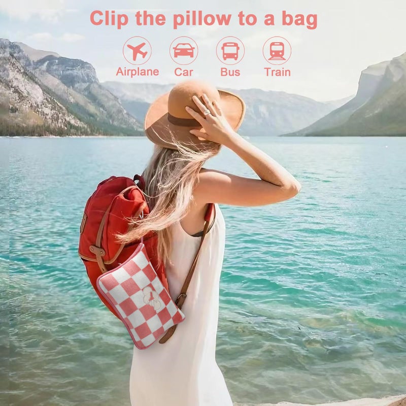 Jungle Star Travel Blanket and Pillow Compact, Premium Soft 2 in 1 Airplane Blanket with Soft Bag Pillowcaseï¼ŒHand Luggage Sleeve and Backpack Clip (Ckeckered Pink) - Image 2