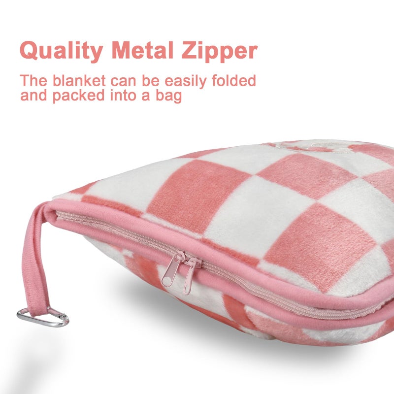 Jungle Star Travel Blanket and Pillow Compact, Premium Soft 2 in 1 Airplane Blanket with Soft Bag Pillowcaseï¼ŒHand Luggage Sleeve and Backpack Clip (Ckeckered Pink) - Image 4
