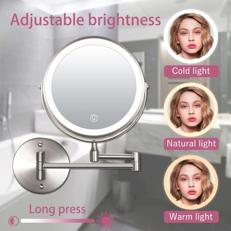BEWITU Wall Mounted Mirror 8'' with 1X/10X Magnification, LED Magnifying Makeup Mirror with 3 Light Modes, 360 Swivel Double Sided Extendable Vanity Mirror, Touch Control & Auto Off, Extendable Arm - Image 3
