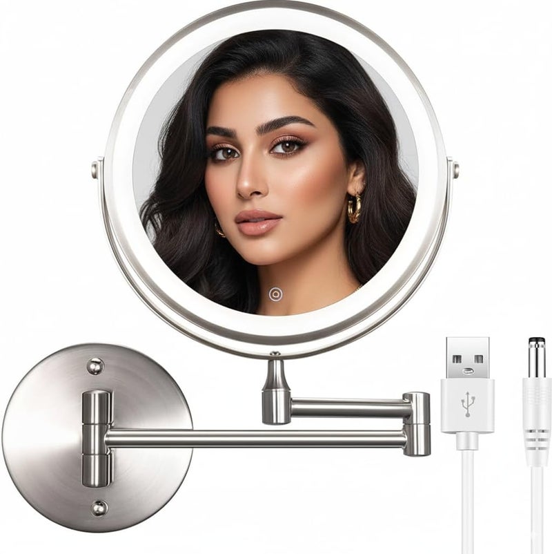 BEWITU Wall Mounted Mirror 8'' with 1X/10X Magnification, LED Magnifying Makeup Mirror with 3 Light Modes, 360 Swivel Double Sided Extendable Vanity Mirror, Touch Control & Auto Off, Extendable Arm - Image 1