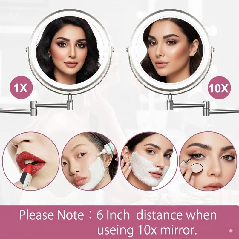 BEWITU Wall Mounted Mirror 8'' with 1X/10X Magnification, LED Magnifying Makeup Mirror with 3 Light Modes, 360 Swivel Double Sided Extendable Vanity Mirror, Touch Control & Auto Off, Extendable Arm - Image 2