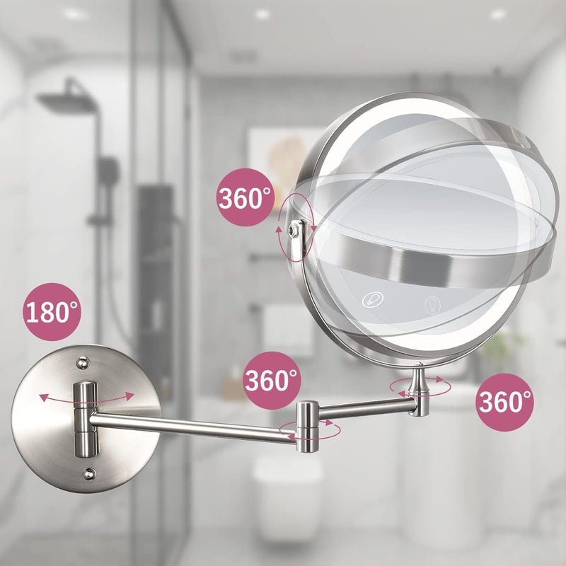 BEWITU Wall Mounted Mirror 8'' with 1X/10X Magnification, LED Magnifying Makeup Mirror with 3 Light Modes, 360 Swivel Double Sided Extendable Vanity Mirror, Touch Control & Auto Off, Extendable Arm - Image 5