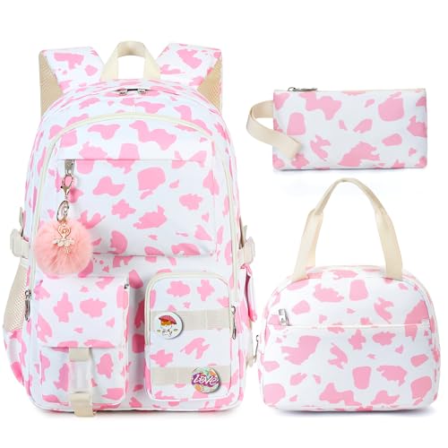 Hidds 3 PCS Backpack Set for Girls Laptop College School Backpack with Lunch Box Pencil Case Women Teens Cute Bookbag Kids Elementary Middle High School Bag Student Bookbags Set Travel Daypack Pink - Image 1