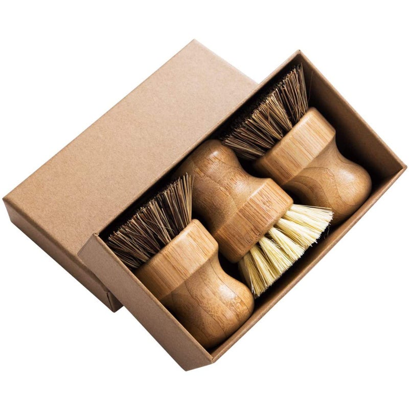 GREENTH PRO Palm Pot Brush- Bamboo Round 3 Packs Mini Dish Brush Natural Scrub Brush Durable Scrubber Cleaning Kit with Union Fiber and Tampico Fiber for Cleaning Pots, Pans and Vegetables - Image 1
