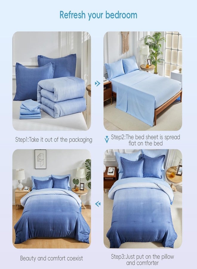 Flysheep 7 Pieces Gradient Navy and Light Blue Bed in a Bag King Size, Elegant Ombre Reversible Comforter Set for All Season (Comforter, Flat Sheet, Fitted Sheet, 2 Pillowcases & 2 Pillow Shams) - Image 3