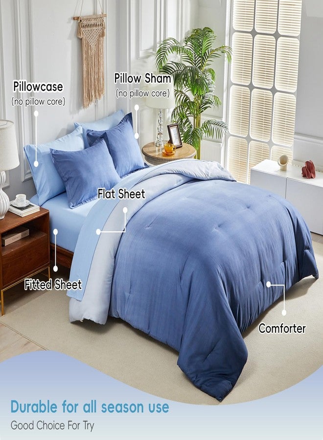 Flysheep 7 Pieces Gradient Navy and Light Blue Bed in a Bag King Size, Elegant Ombre Reversible Comforter Set for All Season (Comforter, Flat Sheet, Fitted Sheet, 2 Pillowcases & 2 Pillow Shams) - Image 5