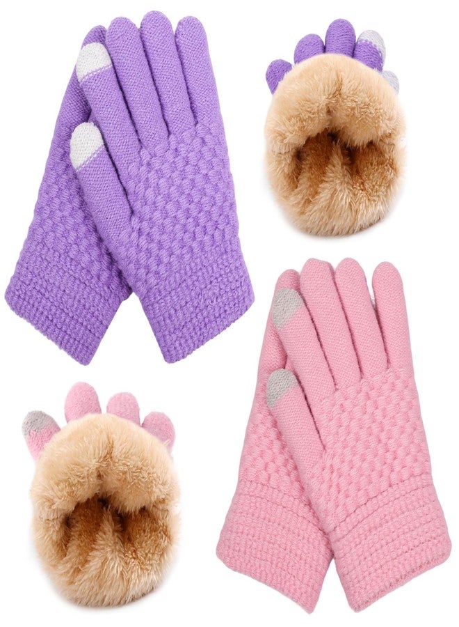 yafeite Kids Gloves Winter Knitted Warm Gloves with Fleece Lining Cold-Weather Gift for Boys Girls 5-10 Years, Pink+purple, One size - Image 1
