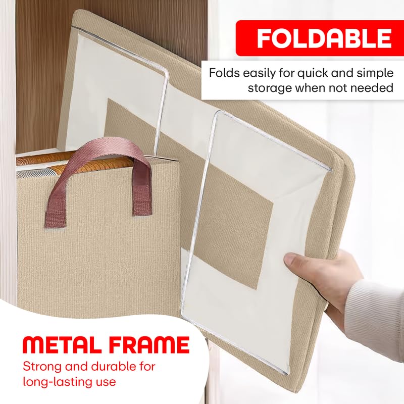 Prime Pick Storage Box Foldable Clothing Organizer Breathable Non Woven Fabric Space Saving Wardrobe Storage Bin with Easy Carry Handles Washable Clothes Organizer Beige Pack of 3 - Image 4