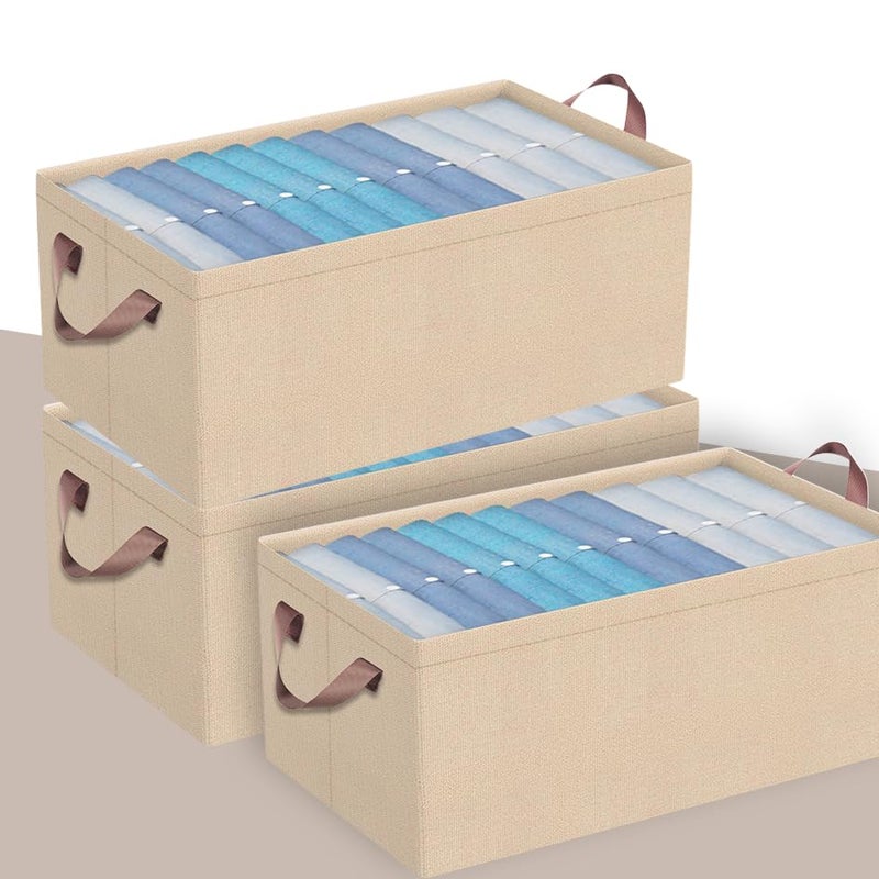 Prime Pick Storage Box Foldable Clothing Organizer Breathable Non Woven Fabric Space Saving Wardrobe Storage Bin with Easy Carry Handles Washable Clothes Organizer Beige Pack of 3 - Image 1