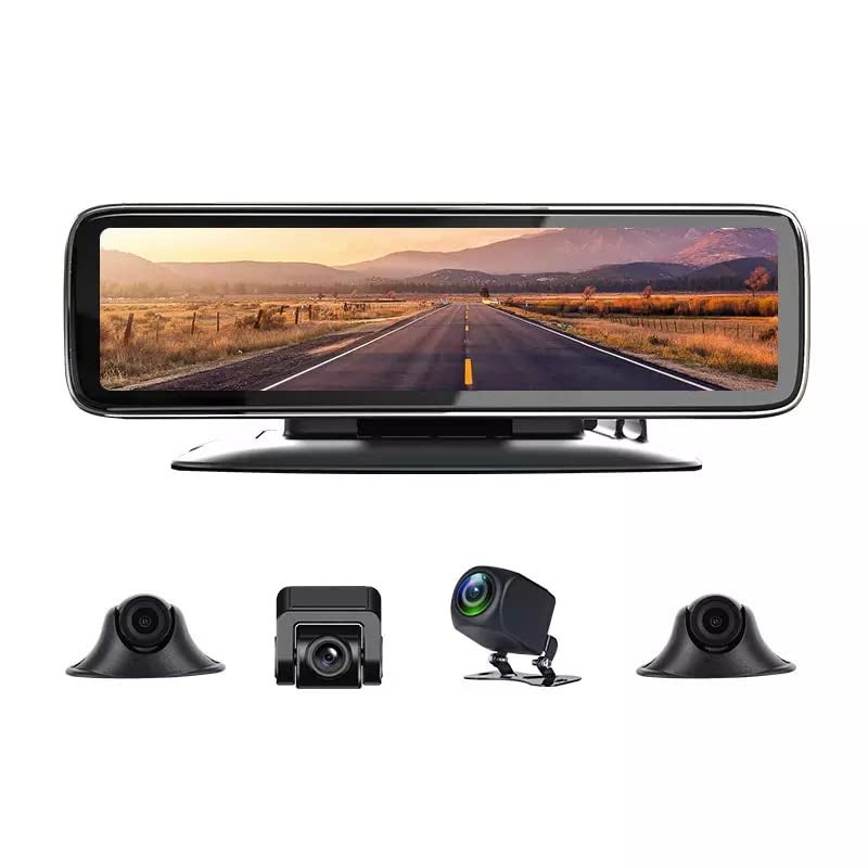 AUSHA® 360° 4 Channel Dashboard Camera Full HD 12" IPS Touch Mirror Screen Dash Camera with Enhanced Night Vision, Parking Assistance, G-Sensor, and Loop Recording - Image 1