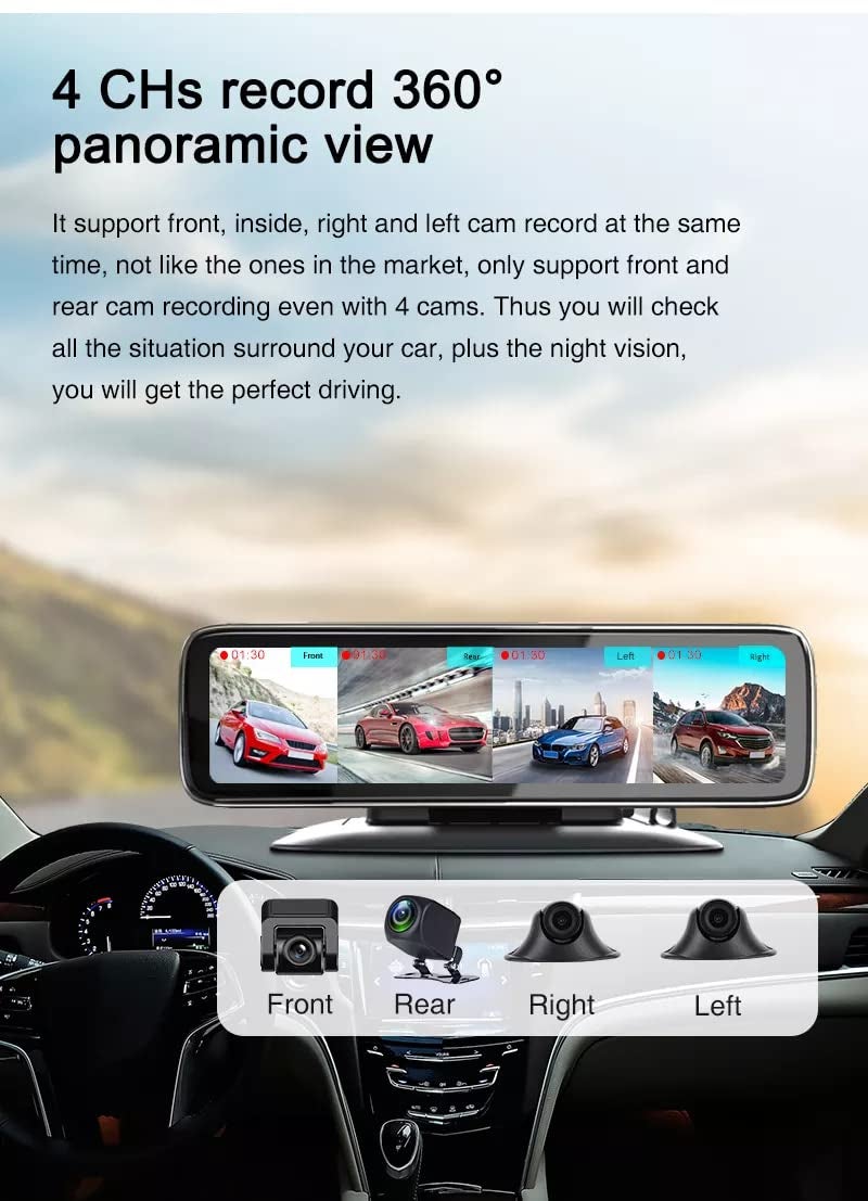 AUSHA® 360° 4 Channel Dashboard Camera Full HD 12" IPS Touch Mirror Screen Dash Camera with Enhanced Night Vision, Parking Assistance, G-Sensor, and Loop Recording - Image 5