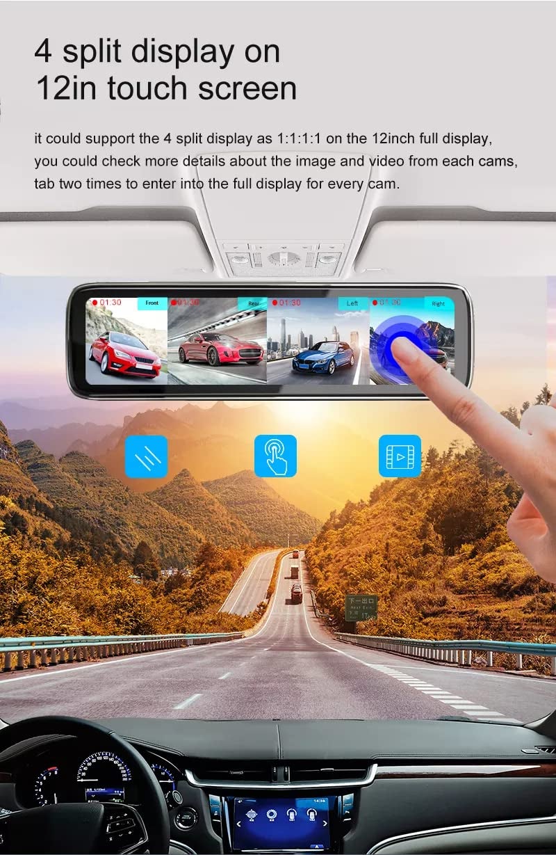 AUSHA® 360° 4 Channel Dashboard Camera Full HD 12" IPS Touch Mirror Screen Dash Camera with Enhanced Night Vision, Parking Assistance, G-Sensor, and Loop Recording - Image 3