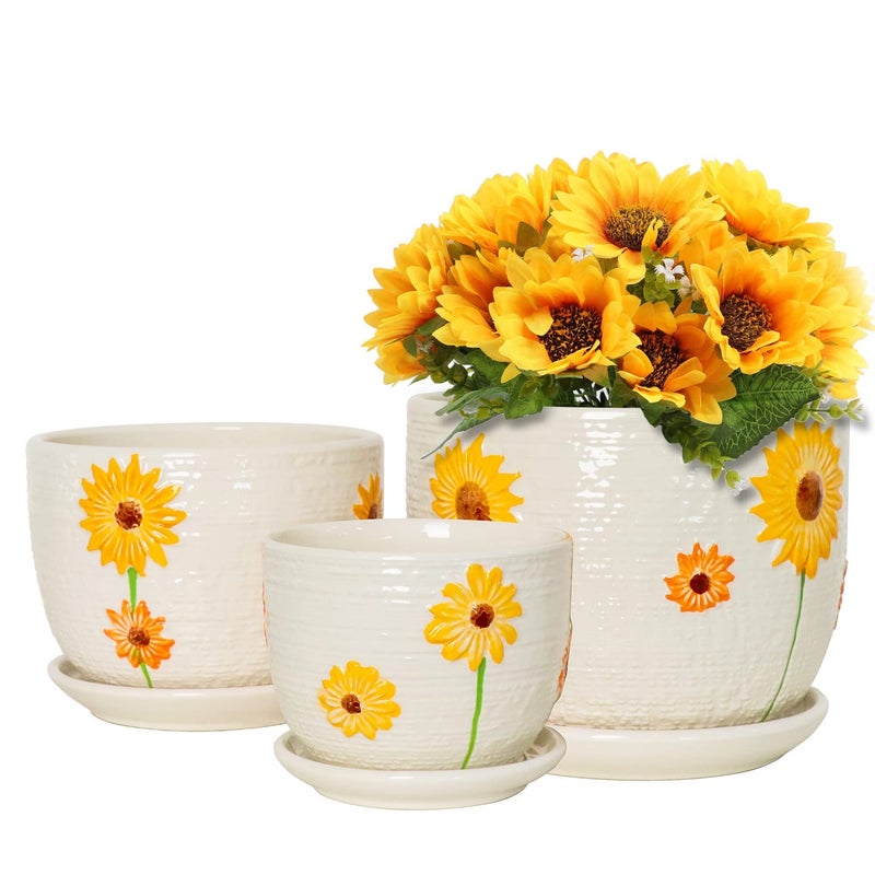Ton Sin Plant PotsSet of 3 Ceramic Sunflower Flower Pots for Indoor Plants456 inch Pots with Drainage Hole SaucerGarden Pots Catus Planters