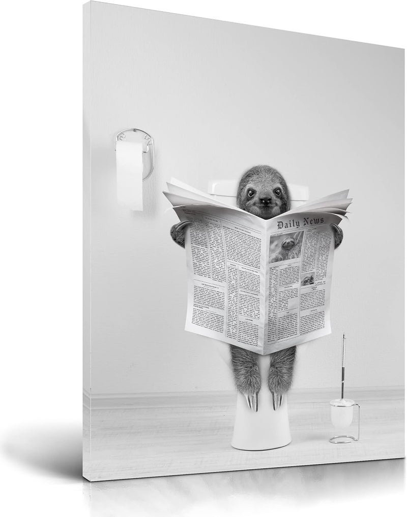 UPWOIGH Bathroom Wall Art, 12x16in Black and White Sloth Wood Wall Decor, Animal Reading Newspapers Abstract Prints for Bedroom Classroom 1 Pack Gift - Image 1