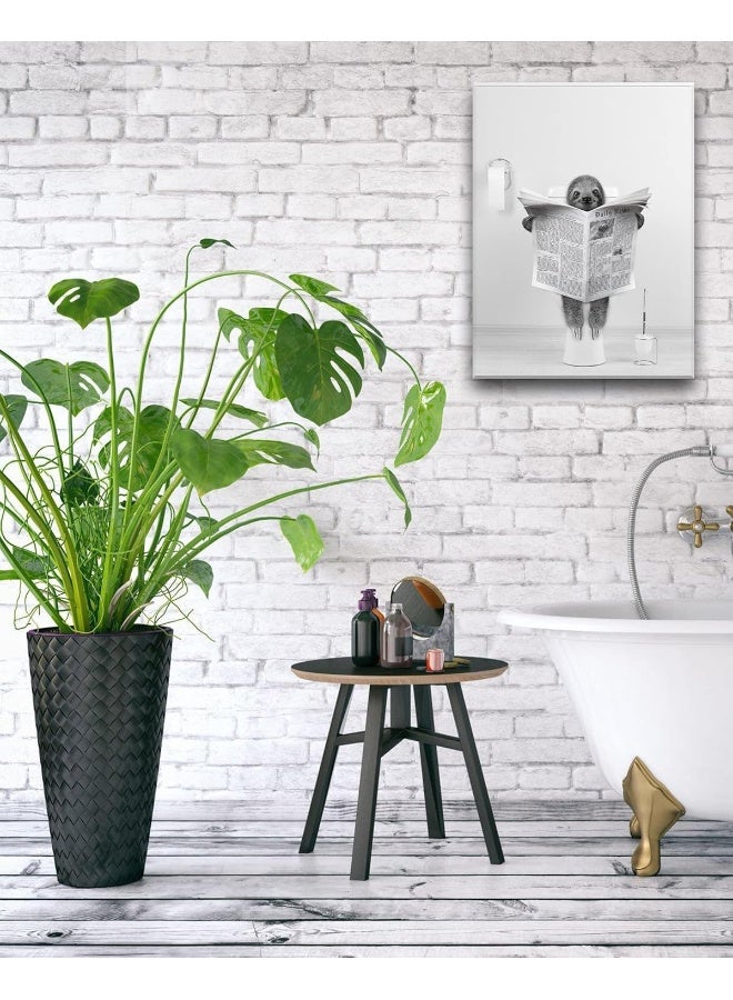 UPWOIGH Bathroom Wall Art, 12x16in Black and White Sloth Wood Wall Decor, Animal Reading Newspapers Abstract Prints for Bedroom Classroom 1 Pack Gift - Image 3