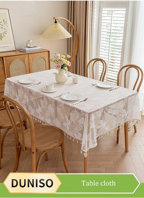 White Embroidered Crochet Hole Tablecloth with Tassels, Boho Stripe Geometric Tablecloth for Party Birthday Dinning Table Cloth, Rectangular 140*180cm