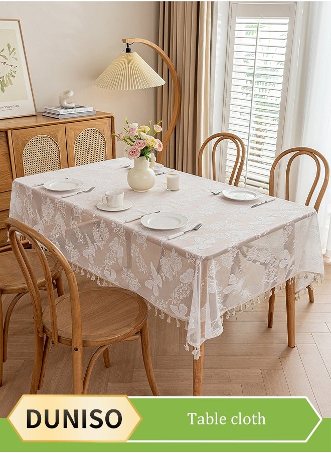 DUNISO White Embroidered Crochet Hole Tablecloth with Tassels, Boho Stripe Geometric Tablecloth for Party Birthday Dinning Table Cloth, Rectangular 140*180cm  - Image 1