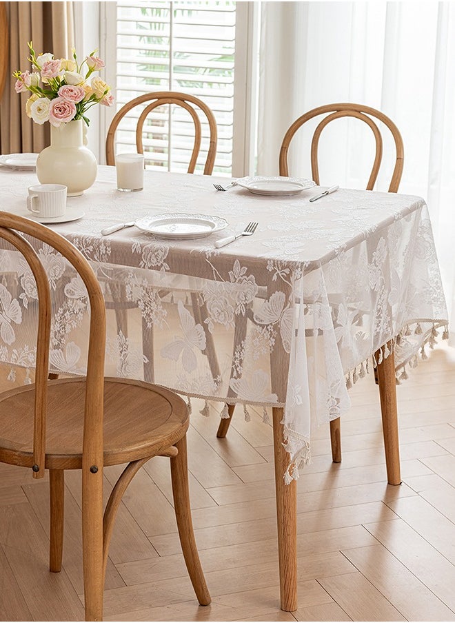 DUNISO - White Embroidered Crochet Hole Tablecloth with Tassels, Boho Stripe Geometric Tablecloth for Party Birthday Dinning Table Cloth, Rectangular 140*180cm - Image 1