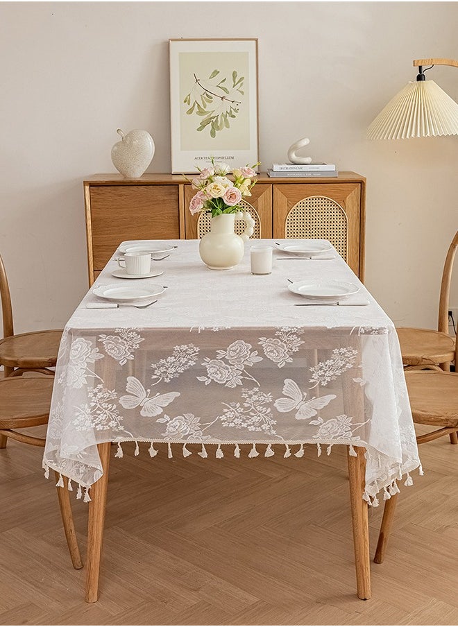 DUNISO - White Embroidered Crochet Hole Tablecloth with Tassels, Boho Stripe Geometric Tablecloth for Party Birthday Dinning Table Cloth, Rectangular 140*180cm - Image 1