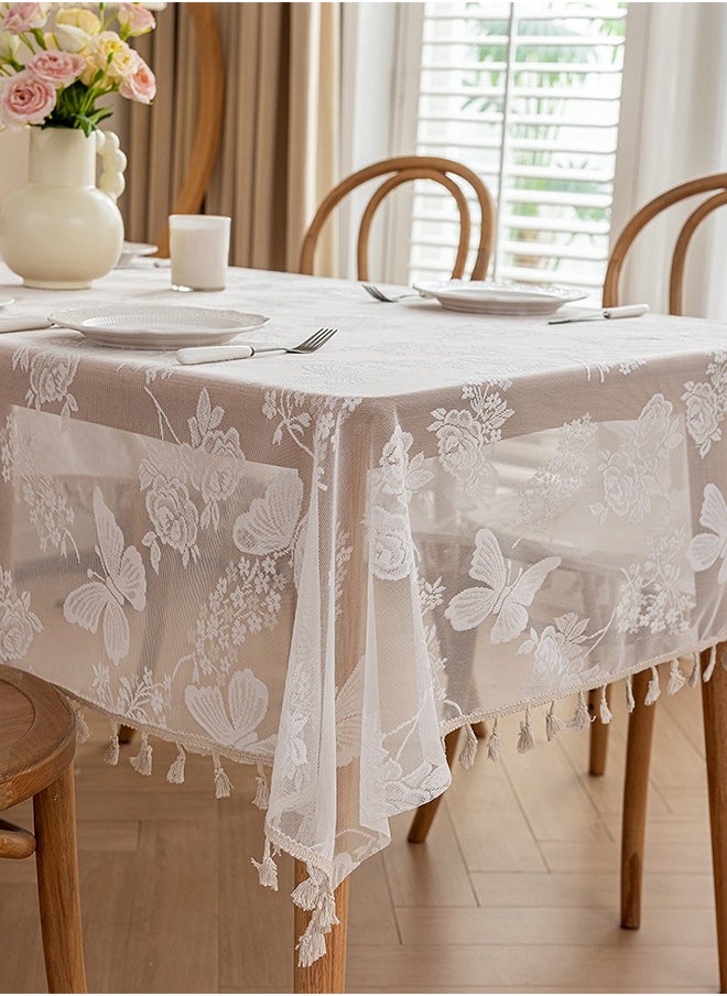 DUNISO - White Embroidered Crochet Hole Tablecloth with Tassels, Boho Stripe Geometric Tablecloth for Party Birthday Dinning Table Cloth, Rectangular 140*180cm - Image 1
