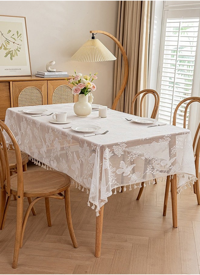 DUNISO - White Embroidered Crochet Hole Tablecloth with Tassels, Boho Stripe Geometric Tablecloth for Party Birthday Dinning Table Cloth, Rectangular 140*180cm - Image 1