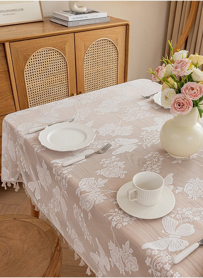 DUNISO - White Embroidered Crochet Hole Tablecloth with Tassels, Boho Stripe Geometric Tablecloth for Party Birthday Dinning Table Cloth, Rectangular 140*180cm - Image 1