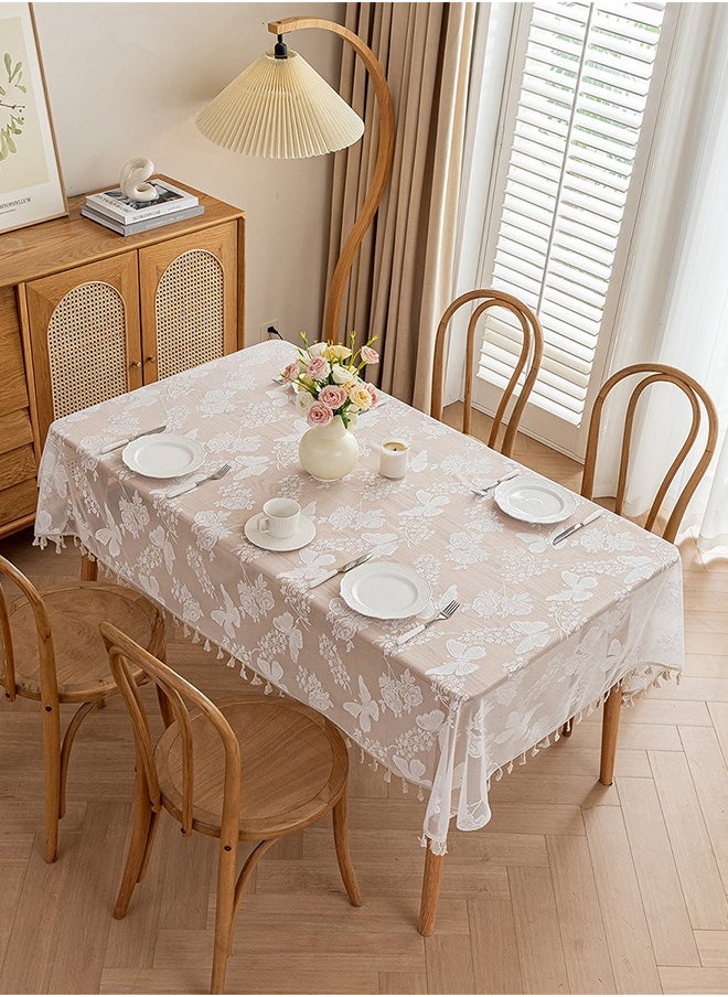 DUNISO White Embroidered Crochet Hole Tablecloth with Tassels, Boho Stripe Geometric Tablecloth for Party Birthday Dinning Table Cloth, Rectangular 140*180cm  - Image 5