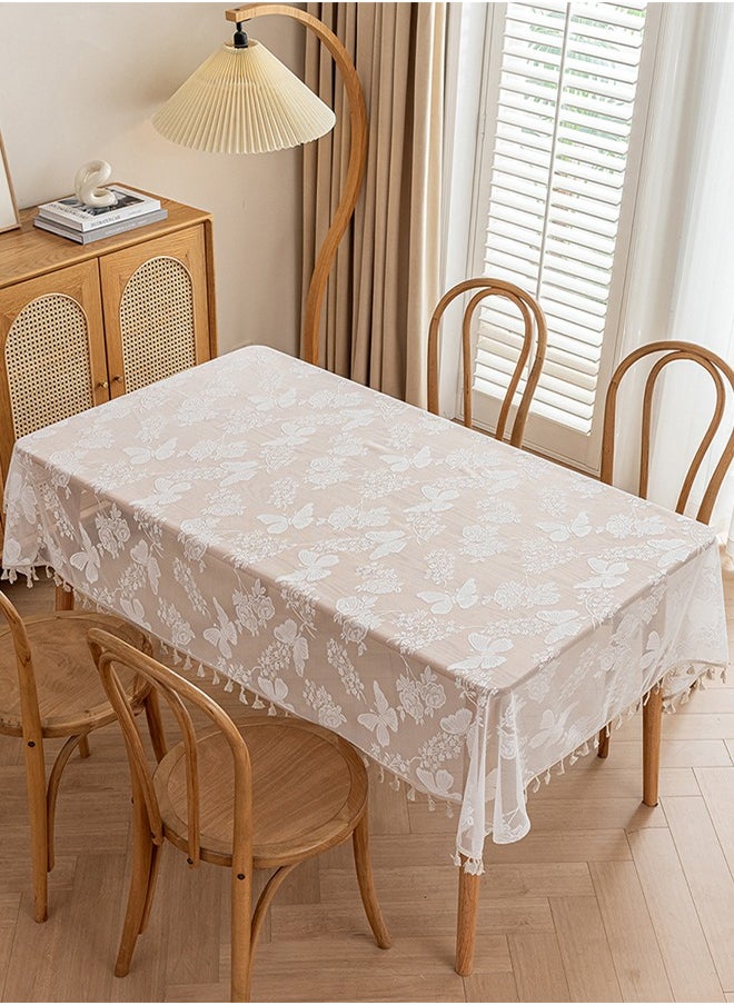 DUNISO White Embroidered Crochet Hole Tablecloth with Tassels, Boho Stripe Geometric Tablecloth for Party Birthday Dinning Table Cloth, Rectangular 140*180cm  - Image 4