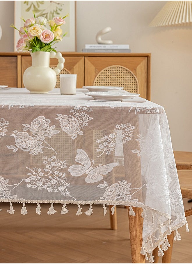 DUNISO White Embroidered Crochet Hole Tablecloth with Tassels, Boho Stripe Geometric Tablecloth for Party Birthday Dinning Table Cloth, Rectangular 140*180cm  - Image 3
