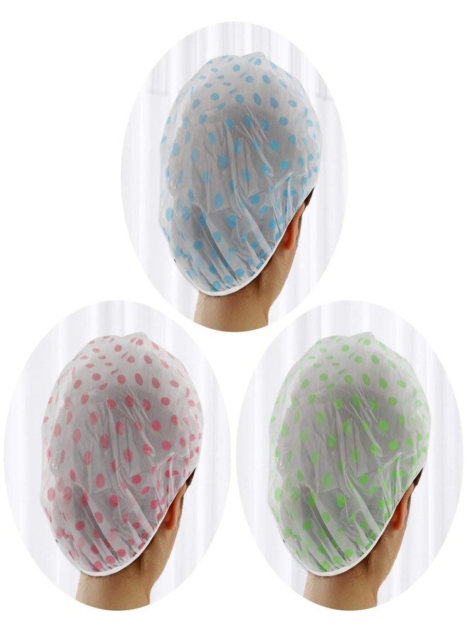Talora 10 PCs Waterproof Dots Plastic Shower Caps for Women EVA Reusable Elastic Bath Hat (Green Blue Pink) - Image 2