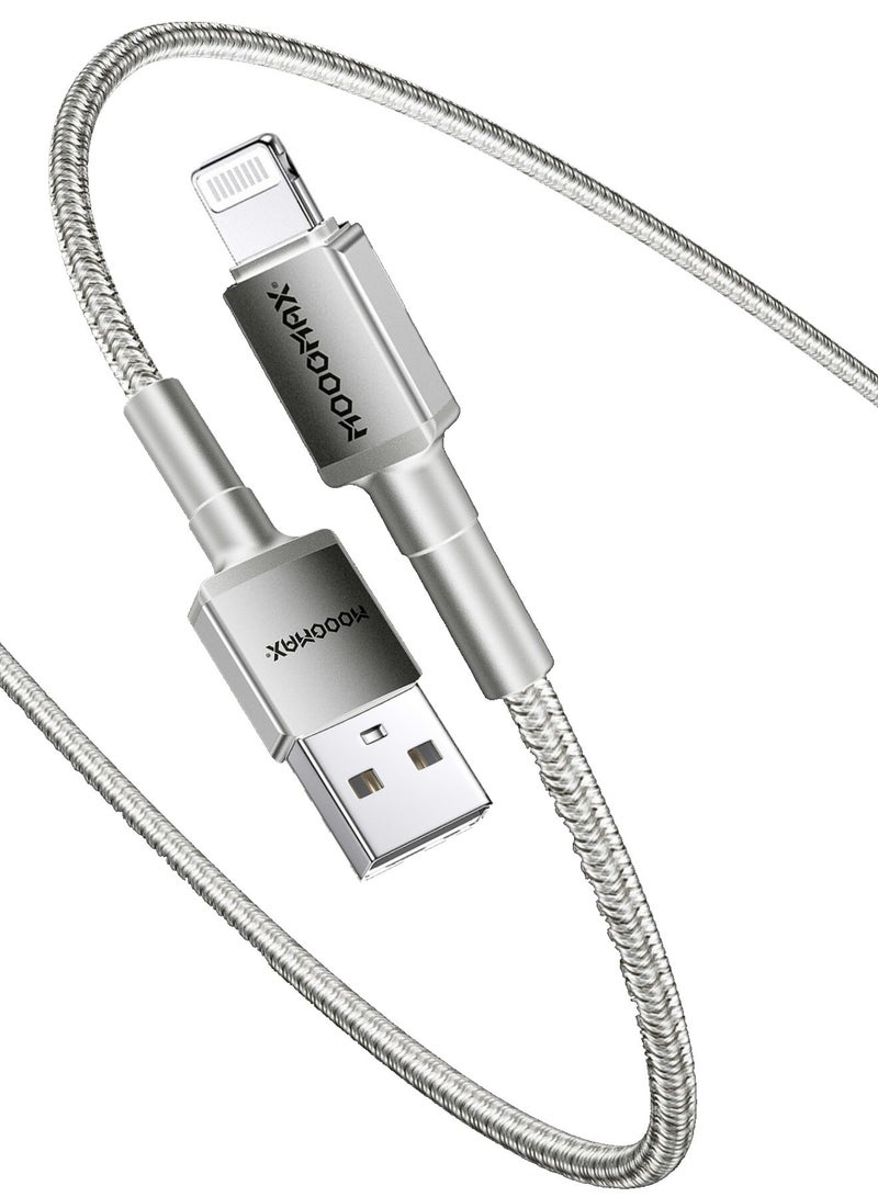 موجماكس سلك شاحن ايفون اصلي ومعتمد MFI. كيبل ايفون بطول 1 متر. سلك شاحن ايفون يدعم الشحن السريع حتى 2.4A. سلك ايفون مصنوع من القماش المقاوم للقطع. سلك ايفون اصلي متوافق مع جميع أجهزة ايفون التي تعمل بمنفذ لايتنينج حتى ايفون 14 بروماكس. وصلة شاحن ايفون من موجماكس. أبيض - Image 1