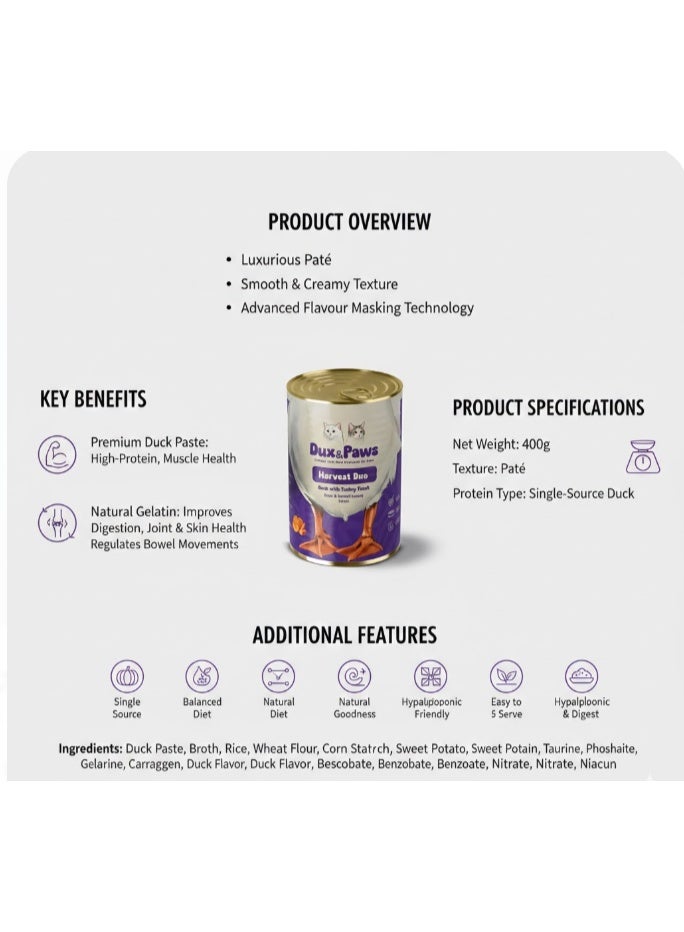 Dux&Paws Harvest Duo Premium Duck Pate Wet Cat Food - 400g | Single Protein, Hypoallergenic & Digestive Support | Rich in Taurine, Pumpkin & Sweet Potato.pets food ,cats food - Image 3
