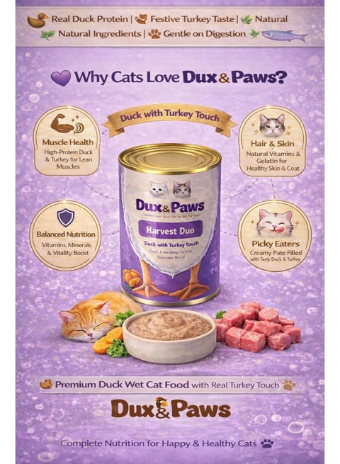 Harvest Duo Premium Duck Pate Wet Cat Food - 400g | Single Protein, Hypoallergenic & Digestive Support | Rich in Taurine, Pumpkin & Sweet Potato.pets food ,cats food