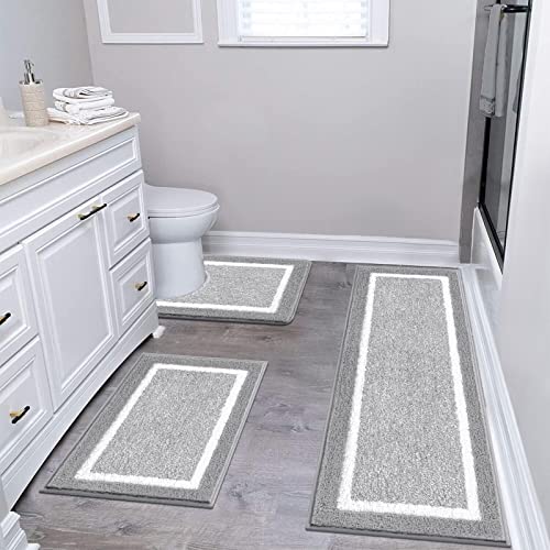 Pauwer Bathroom Rug Set 3 Piece, Non-Slip Absorbent Bath Mats, Microfiber Soft, Absorbent Plush Shaggy Carpets Includes U-Shaped Toilet Mat for Bath Floor, Shower, Light Grey - Image 1