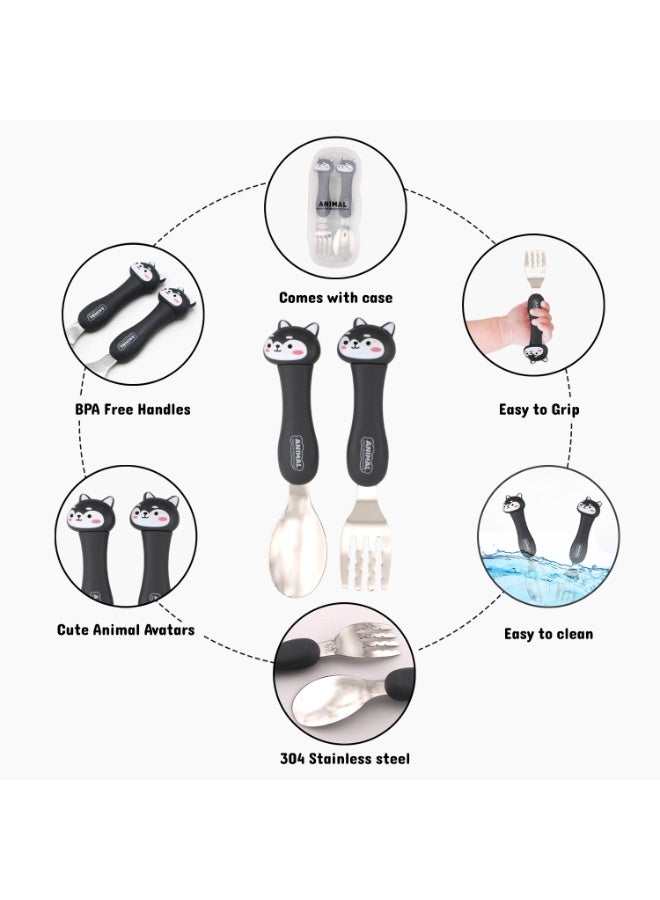 Brain Giggles Kids Stainless Steel 2 pcs Animal Tableware (Spoon and Fork) with Tavel Case - Grey - Image 3