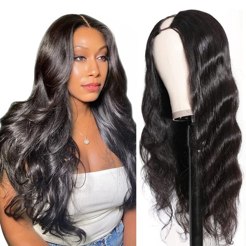 Tahikie U Part Human Hair Wig Body Wave 180 Density U Part Wig Brazilian Virgin Human Hair Wig for Black Women 10A Full Head Clip in Half Wig Glueless No Leave Out Lace Front Wig Natural Color 20inch