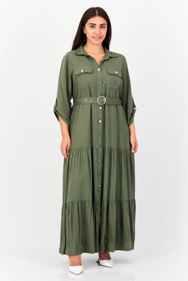 NY Collection فستان قميص سادة بحزام للنساء، أخضر عسكري - Image 1