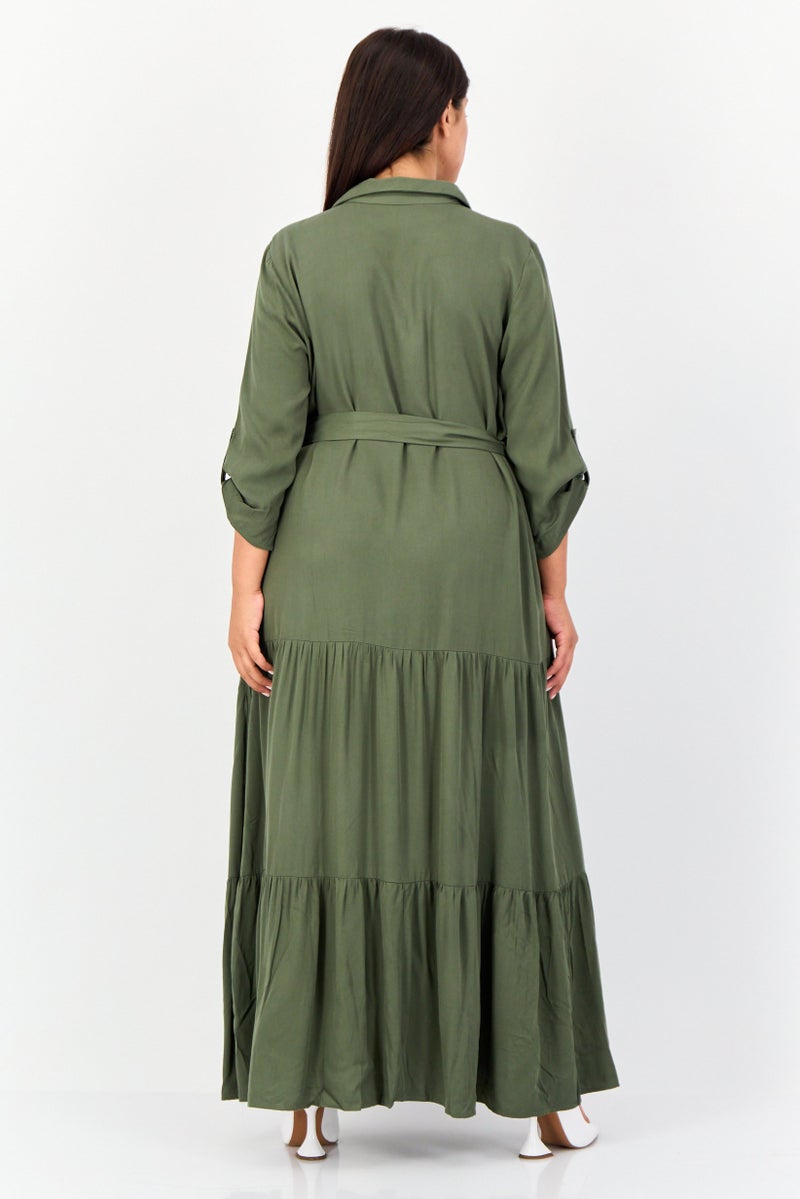 NY Collection فستان قميص سادة بحزام للنساء، أخضر عسكري - Image 2